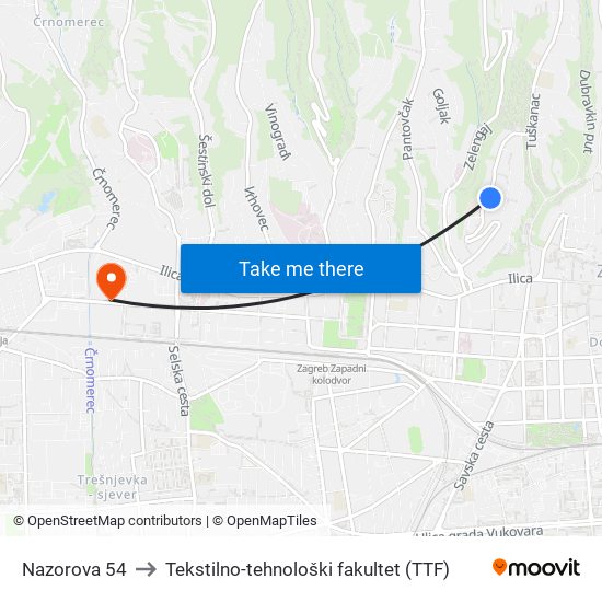 Nazorova 54 to Tekstilno-tehnološki fakultet (TTF) map