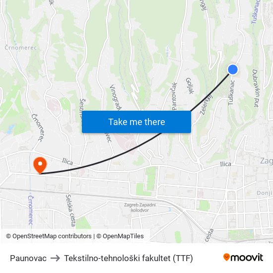 Paunovac to Tekstilno-tehnološki fakultet (TTF) map