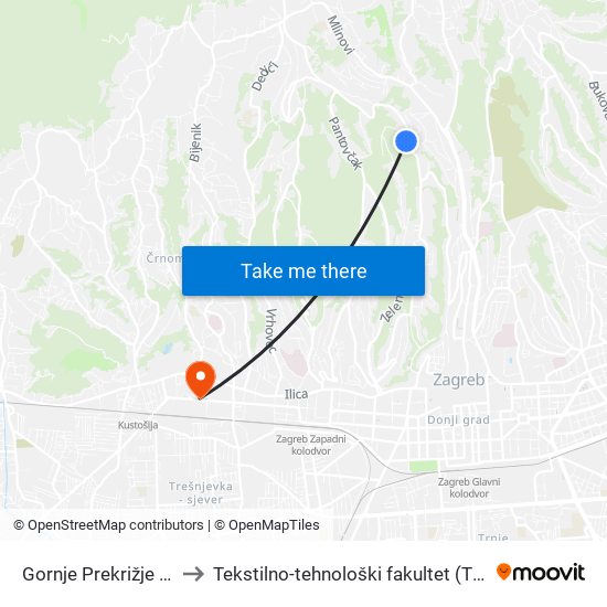 Gornje Prekrižje 40 to Tekstilno-tehnološki fakultet (TTF) map