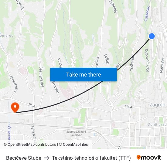 Becićeve Stube to Tekstilno-tehnološki fakultet (TTF) map