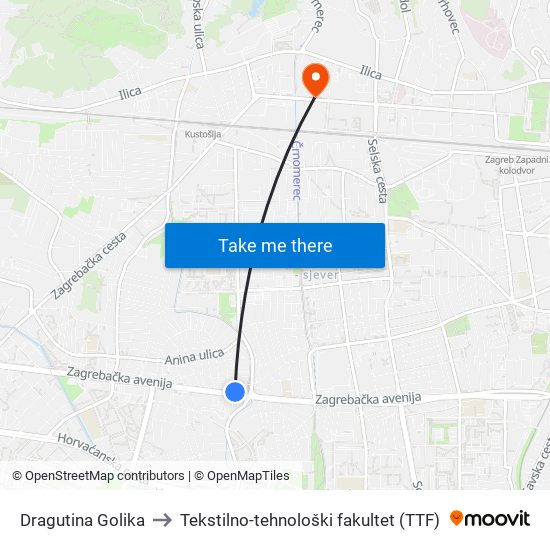 Dragutina Golika to Tekstilno-tehnološki fakultet (TTF) map