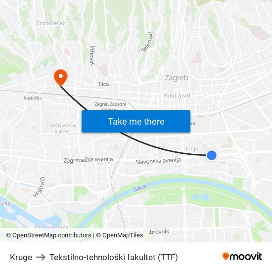 Kruge to Tekstilno-tehnološki fakultet (TTF) map