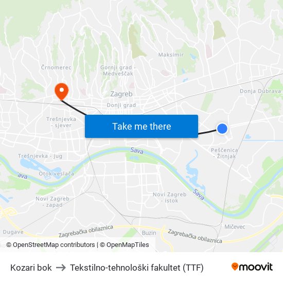 Kozari bok to Tekstilno-tehnološki fakultet (TTF) map