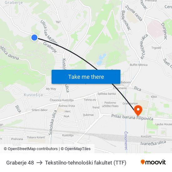 Graberje 48 to Tekstilno-tehnološki fakultet (TTF) map