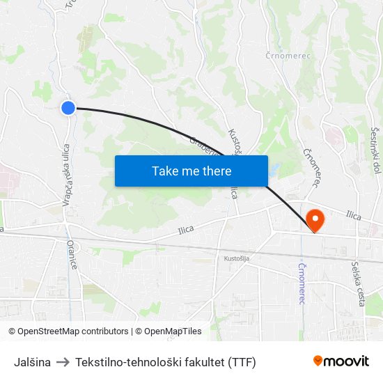 Jalšina to Tekstilno-tehnološki fakultet (TTF) map