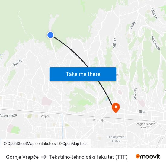 Gornje Vrapče to Tekstilno-tehnološki fakultet (TTF) map