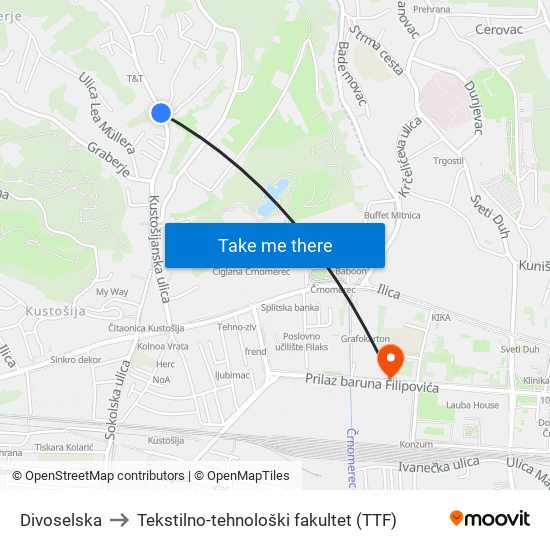 Divoselska to Tekstilno-tehnološki fakultet (TTF) map