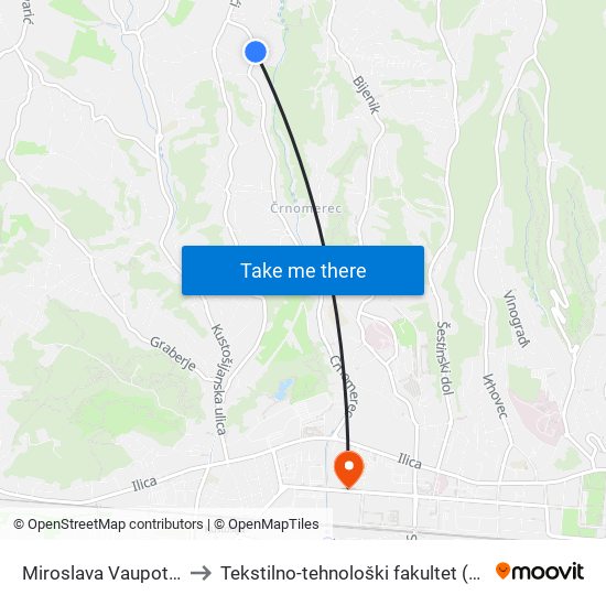 Miroslava Vaupotića to Tekstilno-tehnološki fakultet (TTF) map