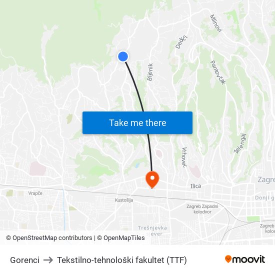 Gorenci to Tekstilno-tehnološki fakultet (TTF) map