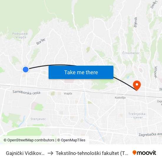 Gajnički Vidikovac to Tekstilno-tehnološki fakultet (TTF) map