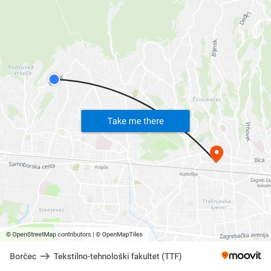 Borčec to Tekstilno-tehnološki fakultet (TTF) map