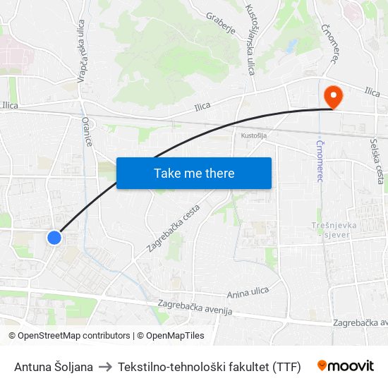 Antuna Šoljana to Tekstilno-tehnološki fakultet (TTF) map