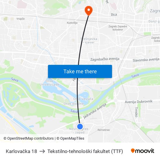 Karlovačka 18 to Tekstilno-tehnološki fakultet (TTF) map