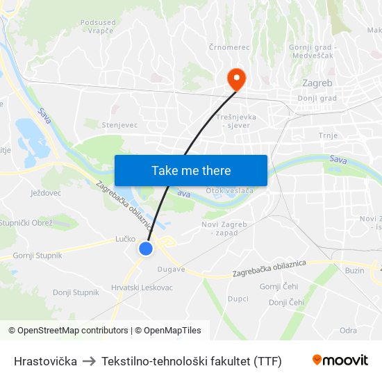 Hrastovička to Tekstilno-tehnološki fakultet (TTF) map