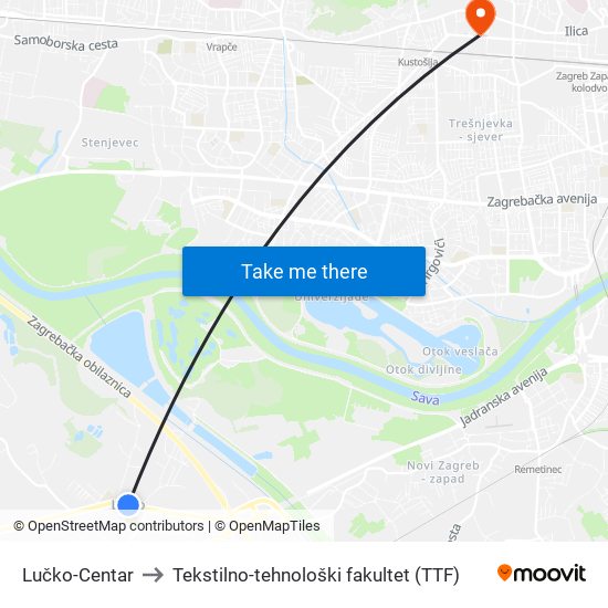 Lučko-Centar to Tekstilno-tehnološki fakultet (TTF) map