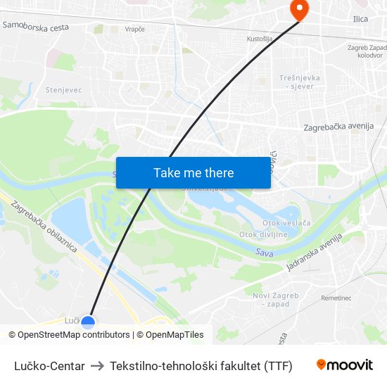 Lučko-Centar to Tekstilno-tehnološki fakultet (TTF) map