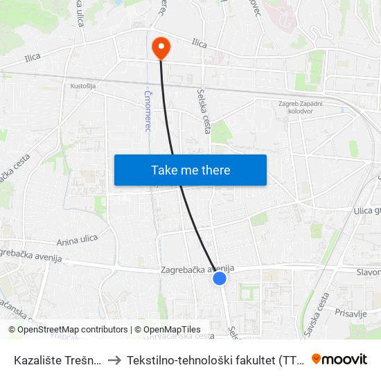 Kazalište Trešnja to Tekstilno-tehnološki fakultet (TTF) map