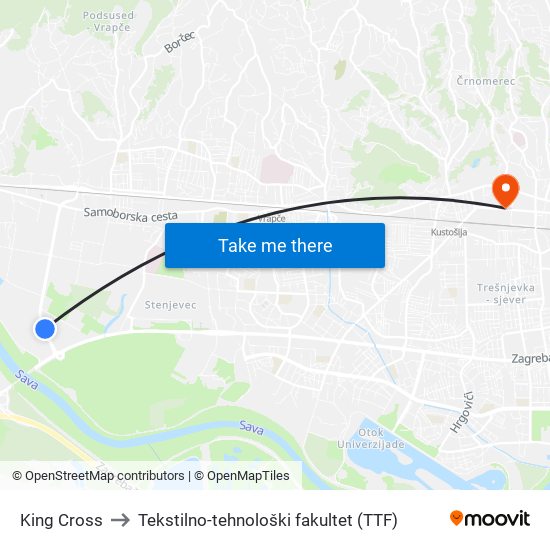 King Cross to Tekstilno-tehnološki fakultet (TTF) map