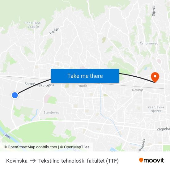 Kovinska to Tekstilno-tehnološki fakultet (TTF) map