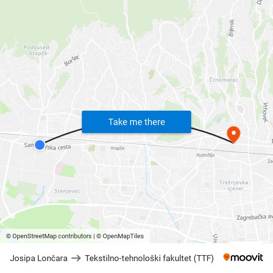 Josipa Lončara to Tekstilno-tehnološki fakultet (TTF) map
