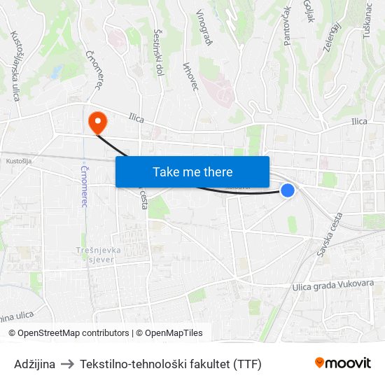 Adžijina to Tekstilno-tehnološki fakultet (TTF) map