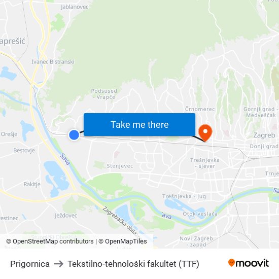 Prigornica to Tekstilno-tehnološki fakultet (TTF) map