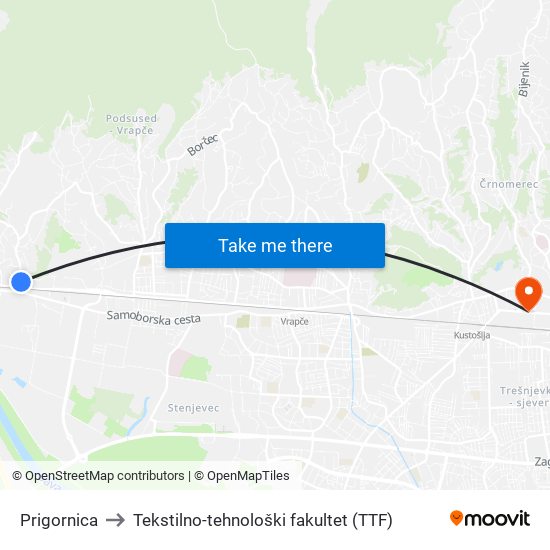 Prigornica to Tekstilno-tehnološki fakultet (TTF) map