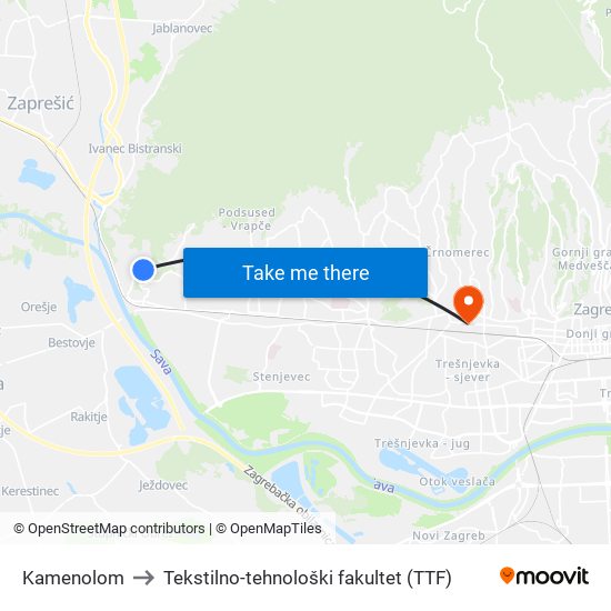 Kamenolom to Tekstilno-tehnološki fakultet (TTF) map