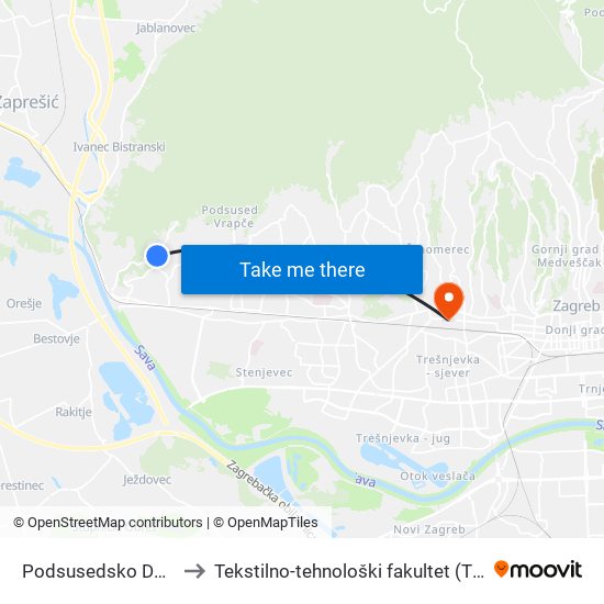 Podsusedsko Dolje to Tekstilno-tehnološki fakultet (TTF) map