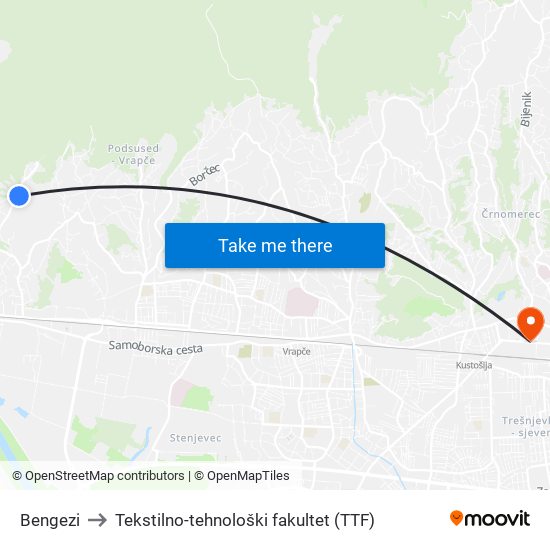 Bengezi to Tekstilno-tehnološki fakultet (TTF) map