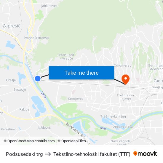 Podsusedski trg to Tekstilno-tehnološki fakultet (TTF) map