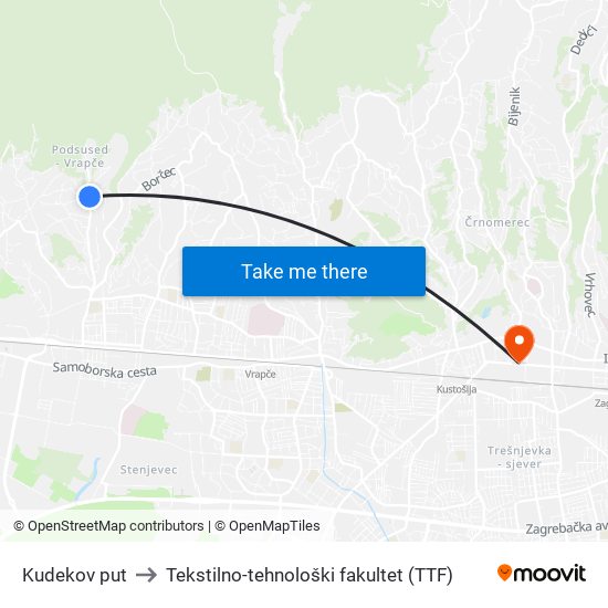 Kudekov put to Tekstilno-tehnološki fakultet (TTF) map