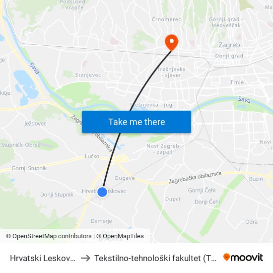 Hrvatski Leskovac to Tekstilno-tehnološki fakultet (TTF) map