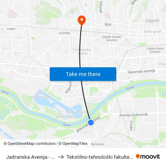 Jadranska Avenija - Arena to Tekstilno-tehnološki fakultet (TTF) map