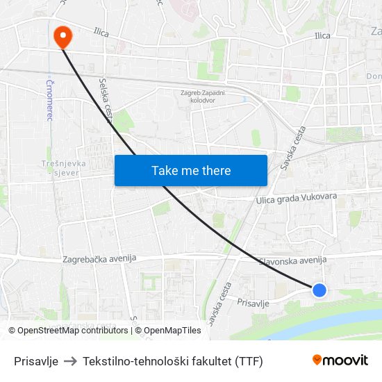 Prisavlje to Tekstilno-tehnološki fakultet (TTF) map