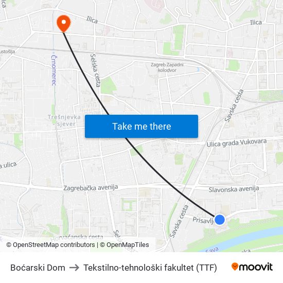 Boćarski Dom to Tekstilno-tehnološki fakultet (TTF) map
