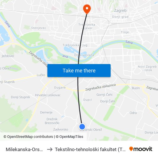 Milekanska-Orsagi to Tekstilno-tehnološki fakultet (TTF) map