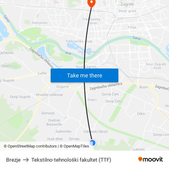 Brezje to Tekstilno-tehnološki fakultet (TTF) map