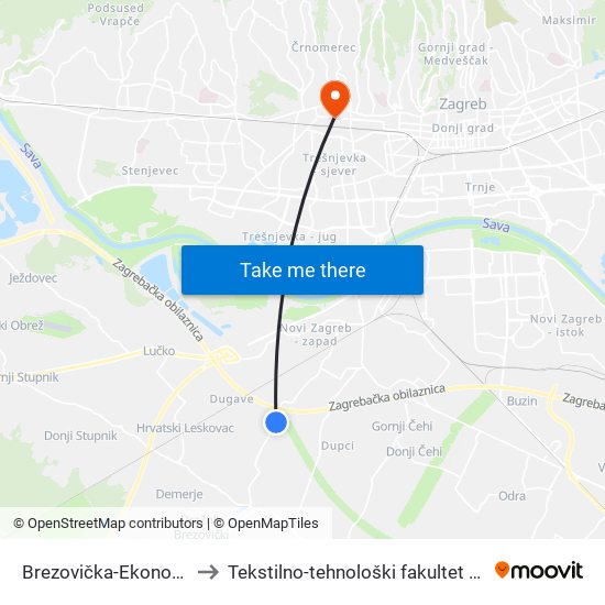 Brezovička-Ekonomija to Tekstilno-tehnološki fakultet (TTF) map