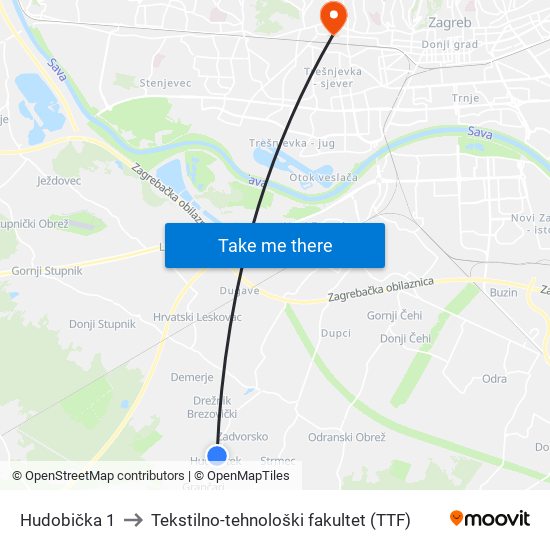 Hudobička 1 to Tekstilno-tehnološki fakultet (TTF) map