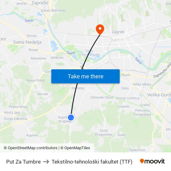 Put Za Tumbre to Tekstilno-tehnološki fakultet (TTF) map