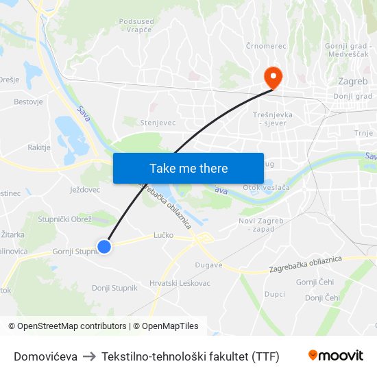 Domovićeva to Tekstilno-tehnološki fakultet (TTF) map