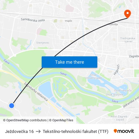 Ježdovečka 16 to Tekstilno-tehnološki fakultet (TTF) map