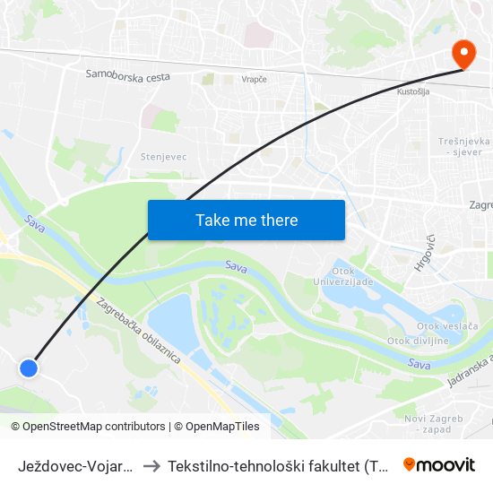 Ježdovec-Vojarna to Tekstilno-tehnološki fakultet (TTF) map