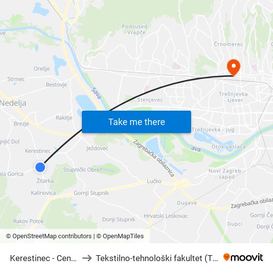 Kerestinec - Centar to Tekstilno-tehnološki fakultet (TTF) map