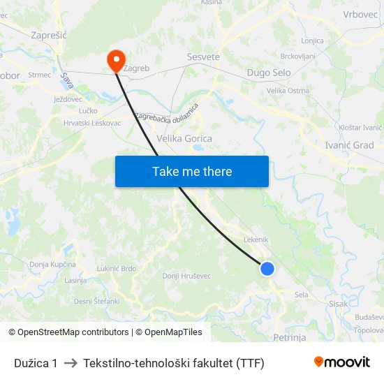 Dužica 1 to Tekstilno-tehnološki fakultet (TTF) map