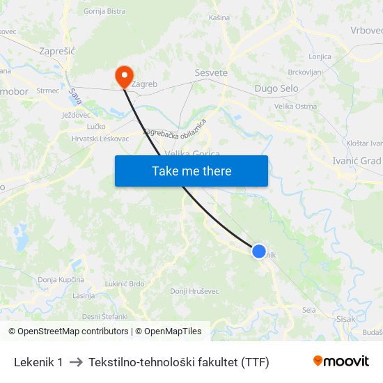 Lekenik 1 to Tekstilno-tehnološki fakultet (TTF) map