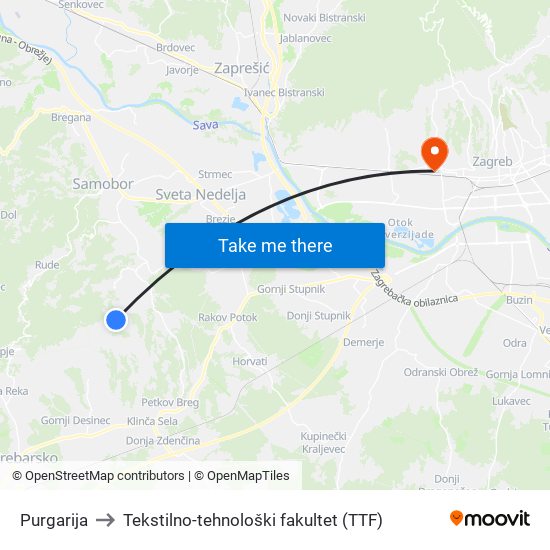 Purgarija to Tekstilno-tehnološki fakultet (TTF) map