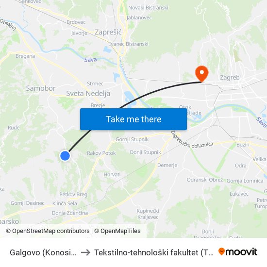 Galgovo (Konosići) to Tekstilno-tehnološki fakultet (TTF) map