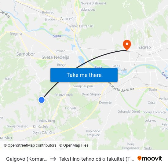 Galgovo (Komarci) to Tekstilno-tehnološki fakultet (TTF) map